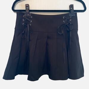 Romwe Flare Black Mini Skirt zipper & ribbon embellishment Small -NWT